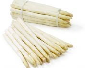 Fresh white asparagus spears on white background