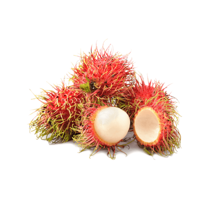 Fresh rambutan and white rambutan side by side.